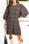 Western Leopard Print Textured Bubble Sleeve Shift Mini Dress