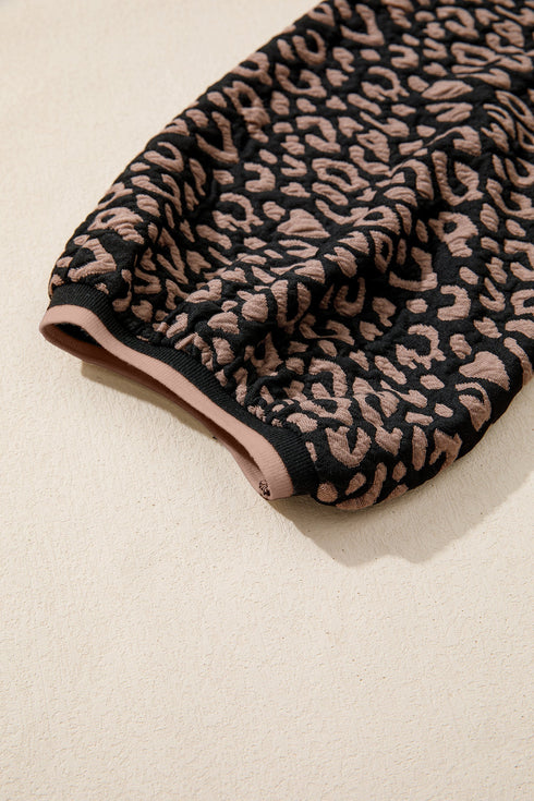 Western Leopard Print Textured Bubble Sleeve Shift Mini Dress