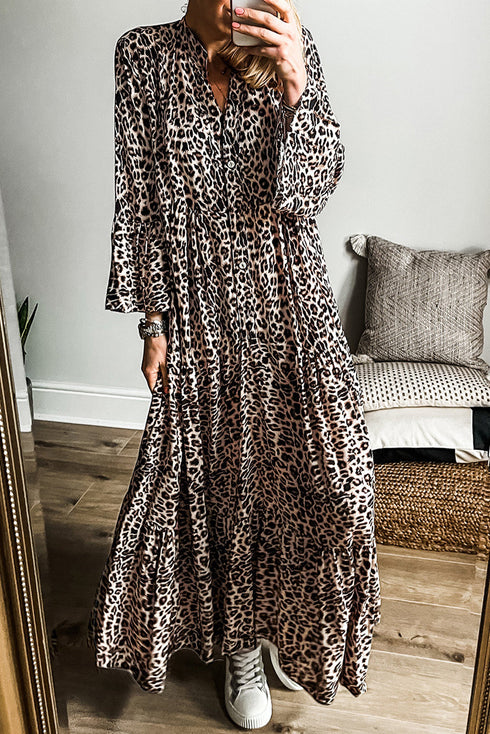 Western Leopard Print Tiered Wide Sleeve Maxi Dress