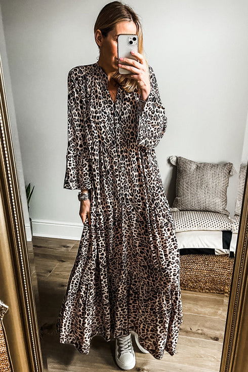 Western Leopard Print Tiered Wide Sleeve Maxi Dress