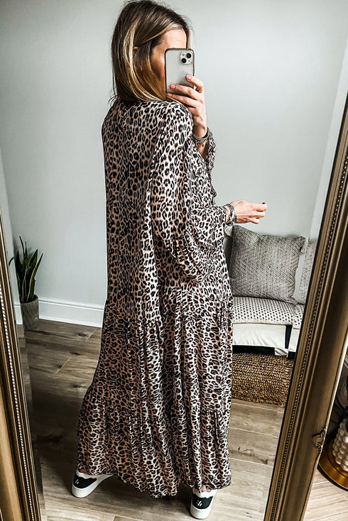 Western Leopard Print Tiered Wide Sleeve Maxi Dress