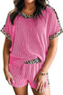 Western Leopard Print Trim Twist Ribbed Short Set