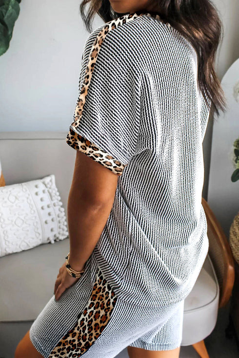 Western Leopard Print Trim Twist Ribbed Short Set