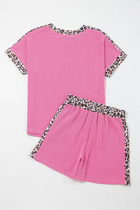 Western Leopard Print Trim Twist Ribbed Short Set