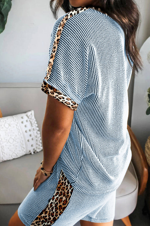 Western Leopard Print Trim Twist Ribbed Short Set