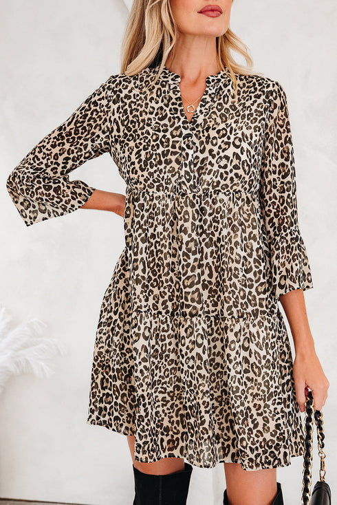 Western Leopard Print V Neck H Line Mini Dress