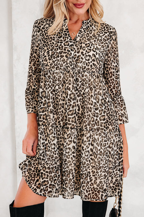 Western Leopard Print V Neck H Line Mini Dress