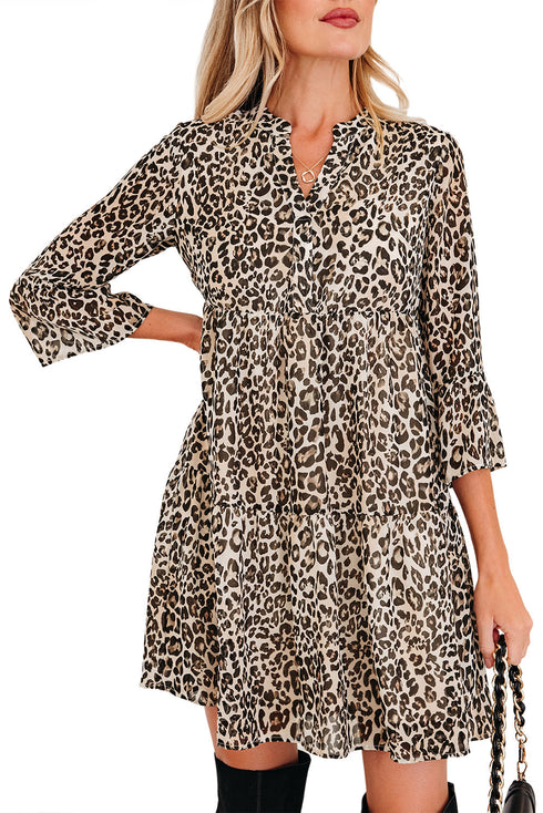 Western Leopard Print V Neck H Line Mini Dress