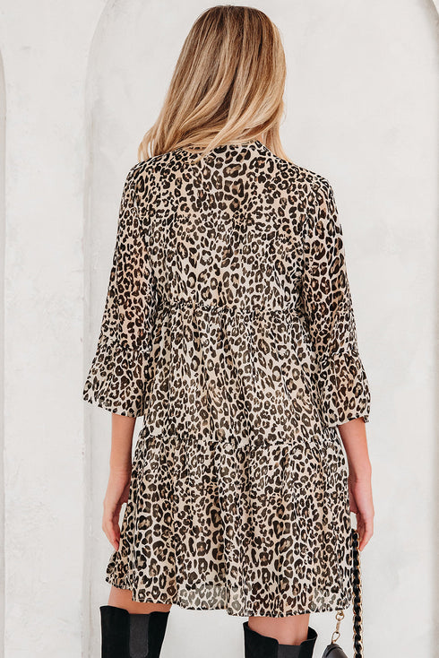 Western Leopard Print V Neck H Line Mini Dress