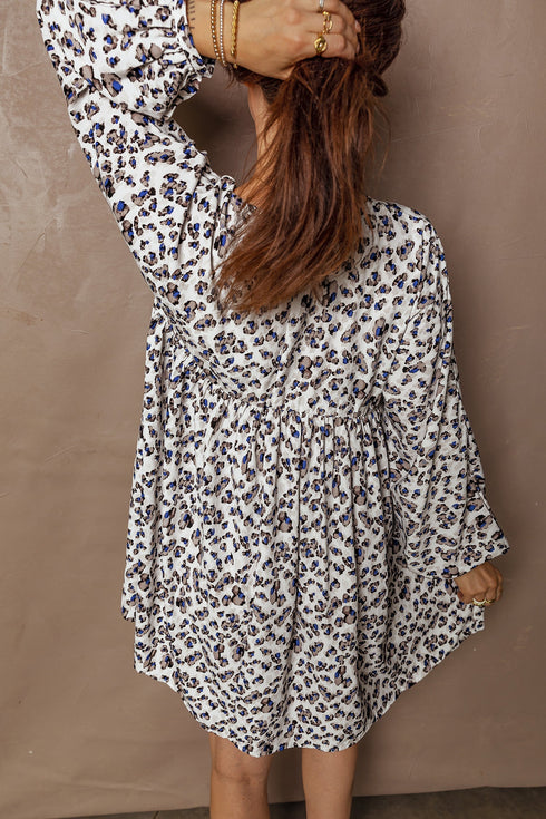 Western Leopard Print V Neck Long Sleeve Mini Dress