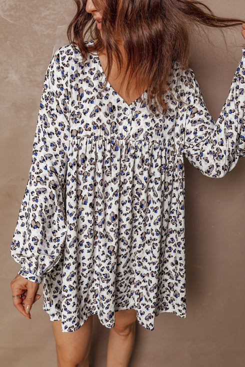Western Leopard Print V Neck Long Sleeve Mini Dress