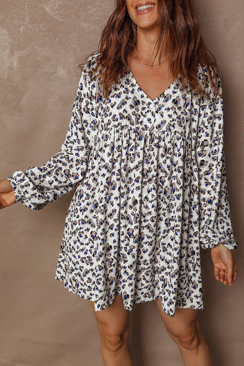 Western Leopard Print V Neck Long Sleeve Mini Dress