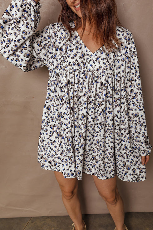 Western Leopard Print V Neck Long Sleeve Mini Dress