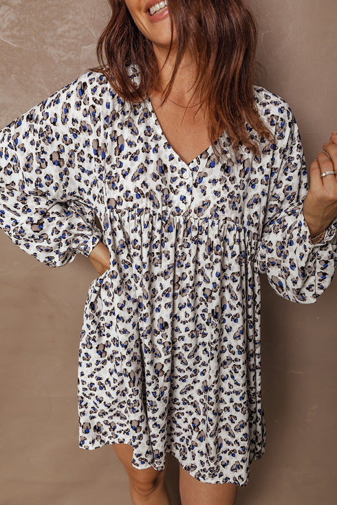 Western Leopard Print V Neck Long Sleeve Mini Dress