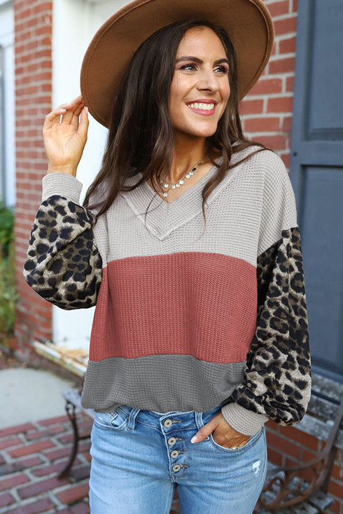 Western Leopard Print Waffle Knit Long Sleeve Top