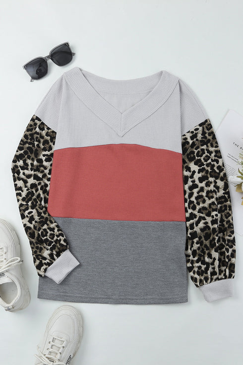 Western Leopard Print Waffle Knit Long Sleeve Top