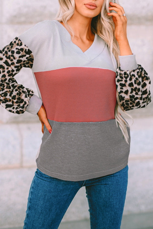 Western Leopard Print Waffle Knit Long Sleeve Top
