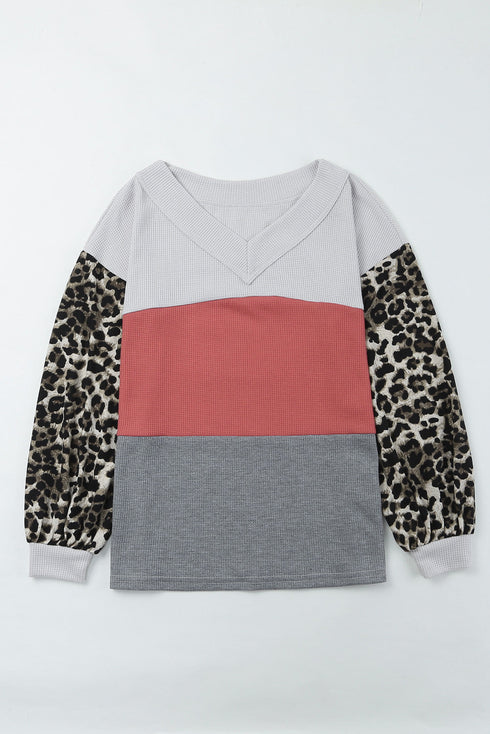 Western Leopard Print Waffle Knit Long Sleeve Top