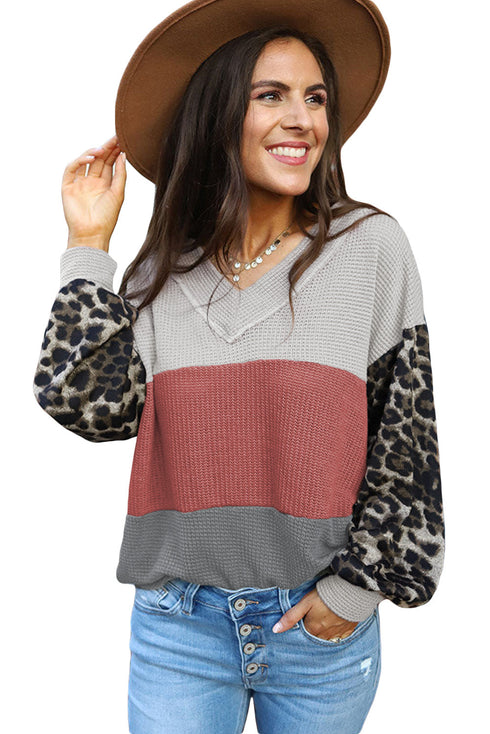 Western Leopard Print Waffle Knit Long Sleeve Top