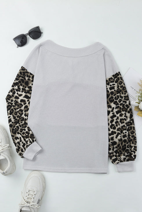 Western Leopard Print Waffle Knit Long Sleeve Top