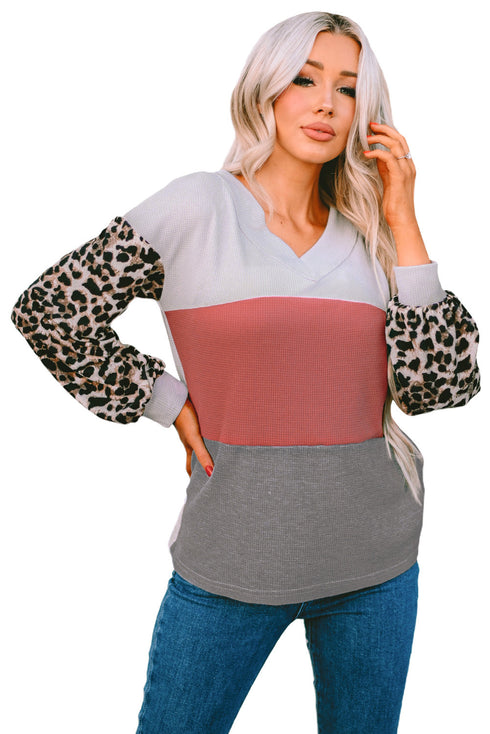 Western Leopard Print Waffle Knit Long Sleeve Top