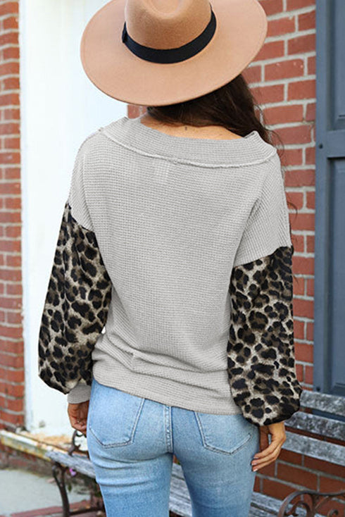 Western Leopard Print Waffle Knit Long Sleeve Top