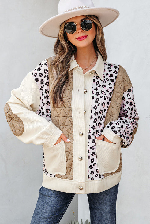 Western Leopard Print Waffle Knit Quilted Patchwork Jacket