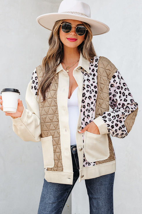 Western Leopard Print Waffle Knit Quilted Patchwork Jacket