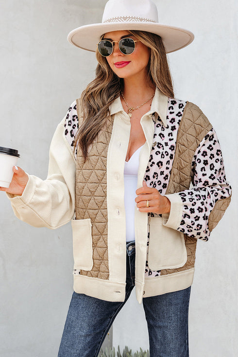 Western Leopard Print Waffle Knit Quilted Patchwork Jacket
