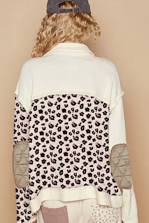 Western Leopard Print Waffle Knit Quilted Patchwork Jacket