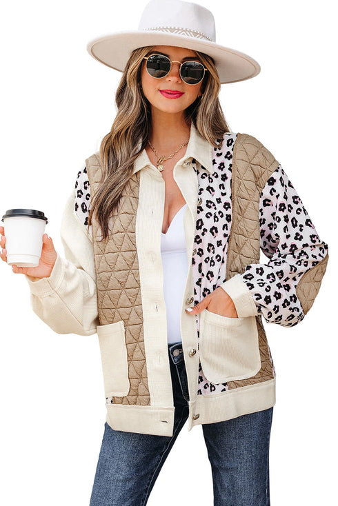 Western Leopard Print Waffle Knit Quilted Patchwork Jacket