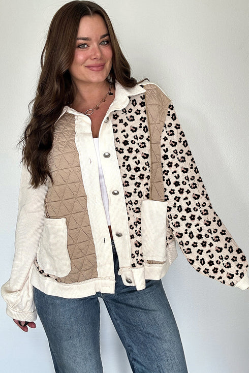 Western Leopard Print Waffle Knit Quilted Patchwork Jacket