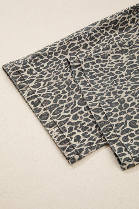 Western Leopard Print Wide Leg Denim Overall Jumpsuit
