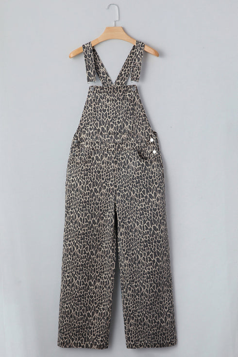 Western Leopard Print Wide Leg Denim Overall Jumpsuit