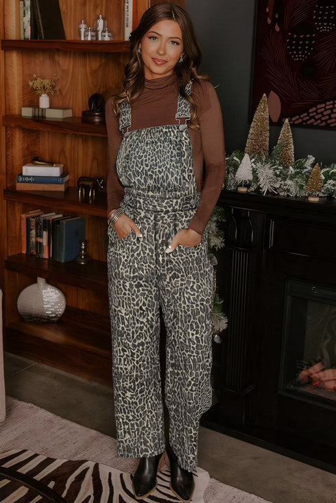 Western Leopard Print Wide Leg Denim Overall Jumpsuit