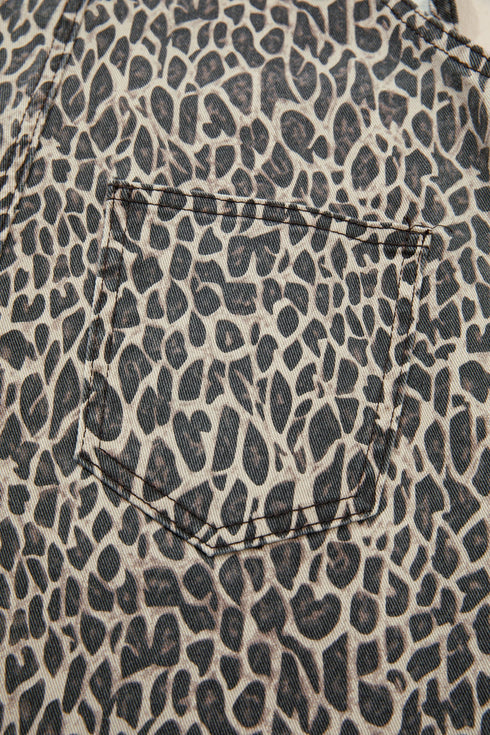 Western Leopard Print Wide Leg Denim Overall Jumpsuit