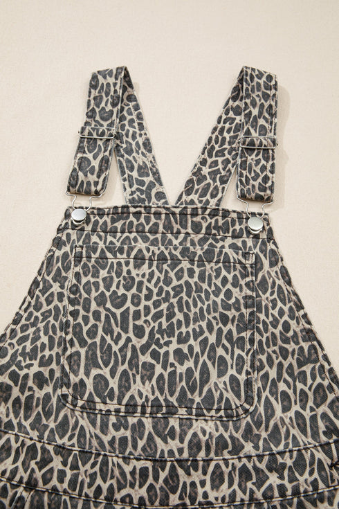 Western Leopard Print Wide Leg Denim Overall Jumpsuit