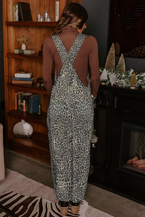 Western Leopard Print Wide Leg Denim Overall Jumpsuit
