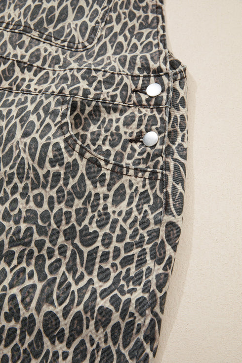 Western Leopard Print Wide Leg Denim Overall Jumpsuit