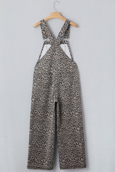 Western Leopard Print Wide Leg Denim Overall Jumpsuit