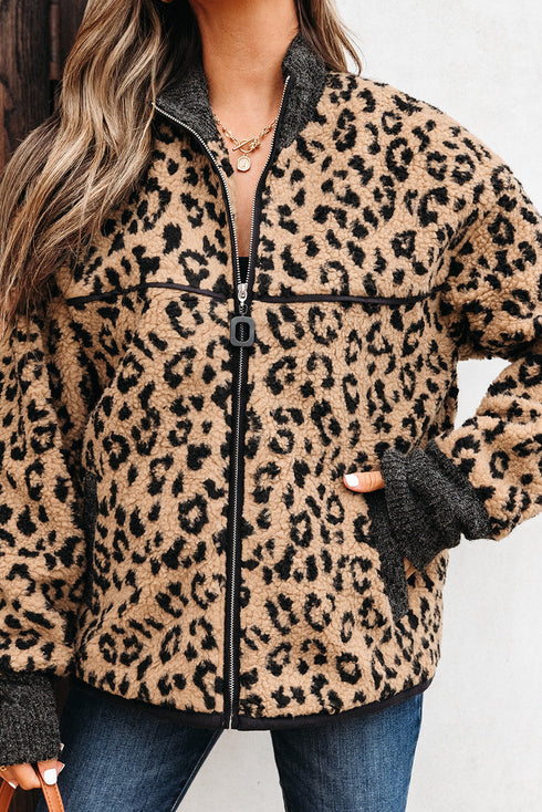 Western Leopard Print Zip Up Stand Neck Pocket Jacket