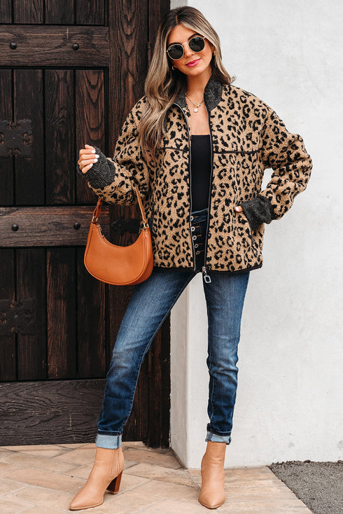 Western Leopard Print Zip Up Stand Neck Pocket Jacket