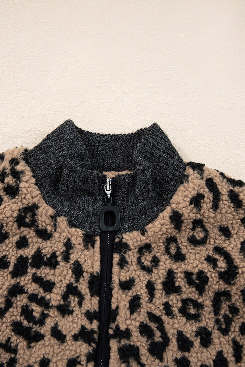 Western Leopard Print Zip Up Stand Neck Pocket Jacket
