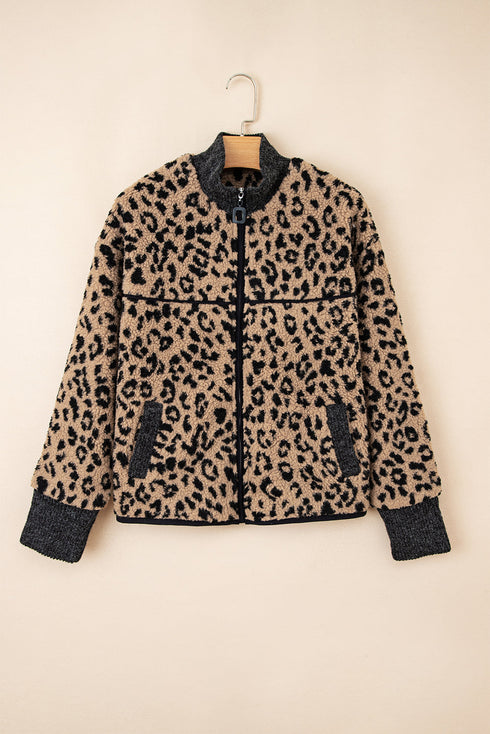 Western Leopard Print Zip Up Stand Neck Pocket Jacket