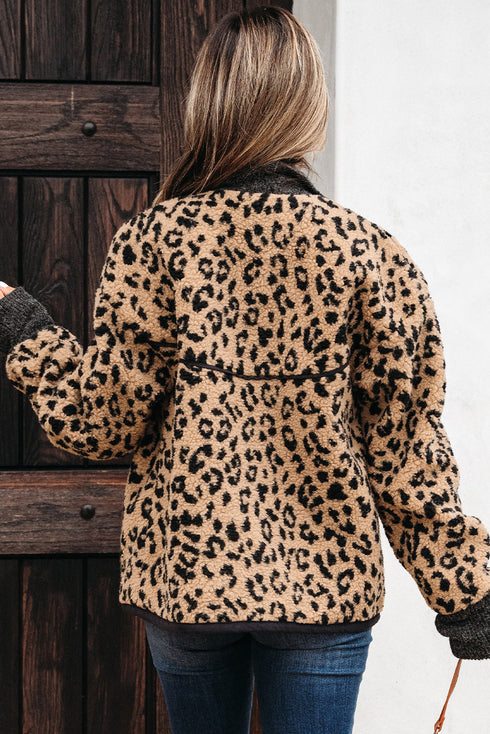 Western Leopard Print Zip Up Stand Neck Pocket Jacket