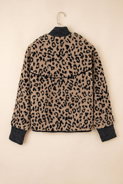 Western Leopard Print Zip Up Stand Neck Pocket Jacket