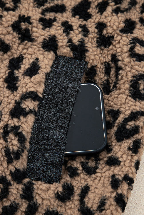 Western Leopard Print Zip Up Stand Neck Pocket Jacket