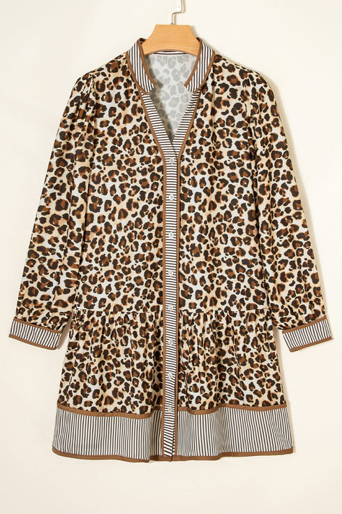 Western Leopard Striped Patchwork Three Quarter Sleeve Mini Dress