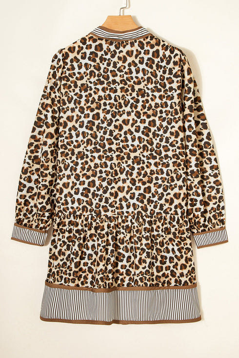 Western Leopard Striped Patchwork Three Quarter Sleeve Mini Dress
