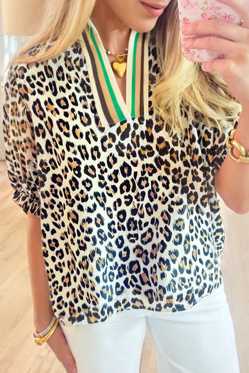 Western Leopard Striped Print V Neck Half Sleeve Blouse